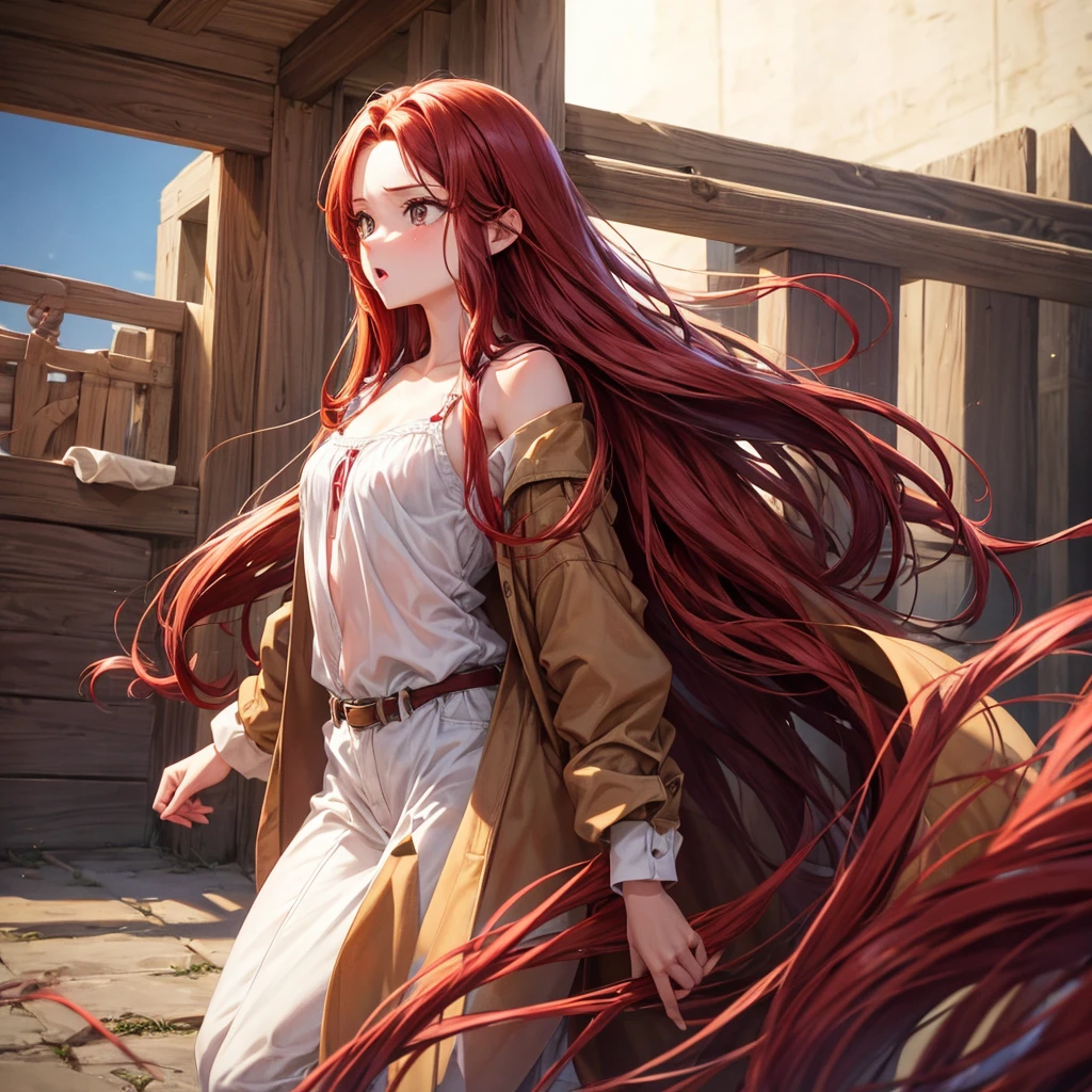 One with fair skin, brown eyes and long red hair. She looks surprised