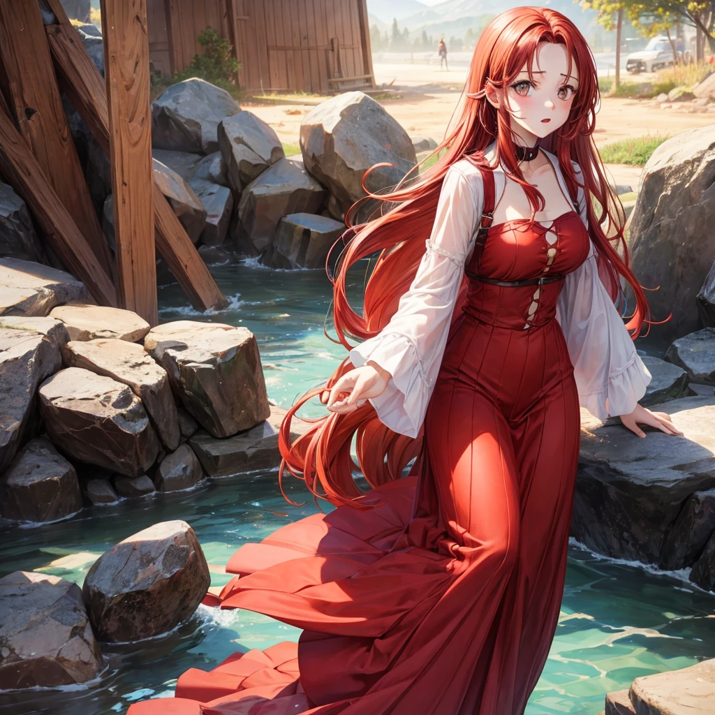 One with fair skin, brown eyes and long red hair. She looks surprised