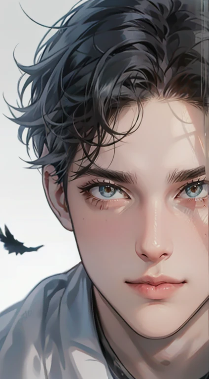 masterpiece, best quality, realistic, 1man, mature male, quiet and charming  man, 35 years old, close his eyes, serious, closed mouth, extremely detailed face, cold, ((dark grey blue eyes)), ((short-right-swept dark gray black hair)), [thick eyebrows], ((hunter)), accurate, detailed, ((town))