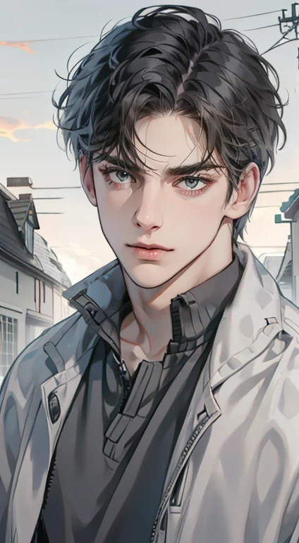 masterpiece, best quality, realistic, 1man, mature male, quiet and charming  man, 35 years old, close his eyes, serious, closed mouth, extremely detailed face, cold, ((dark grey blue eyes)), ((short-right-swept dark gray black hair)), [thick eyebrows], ((hunter)), accurate, detailed, ((town))