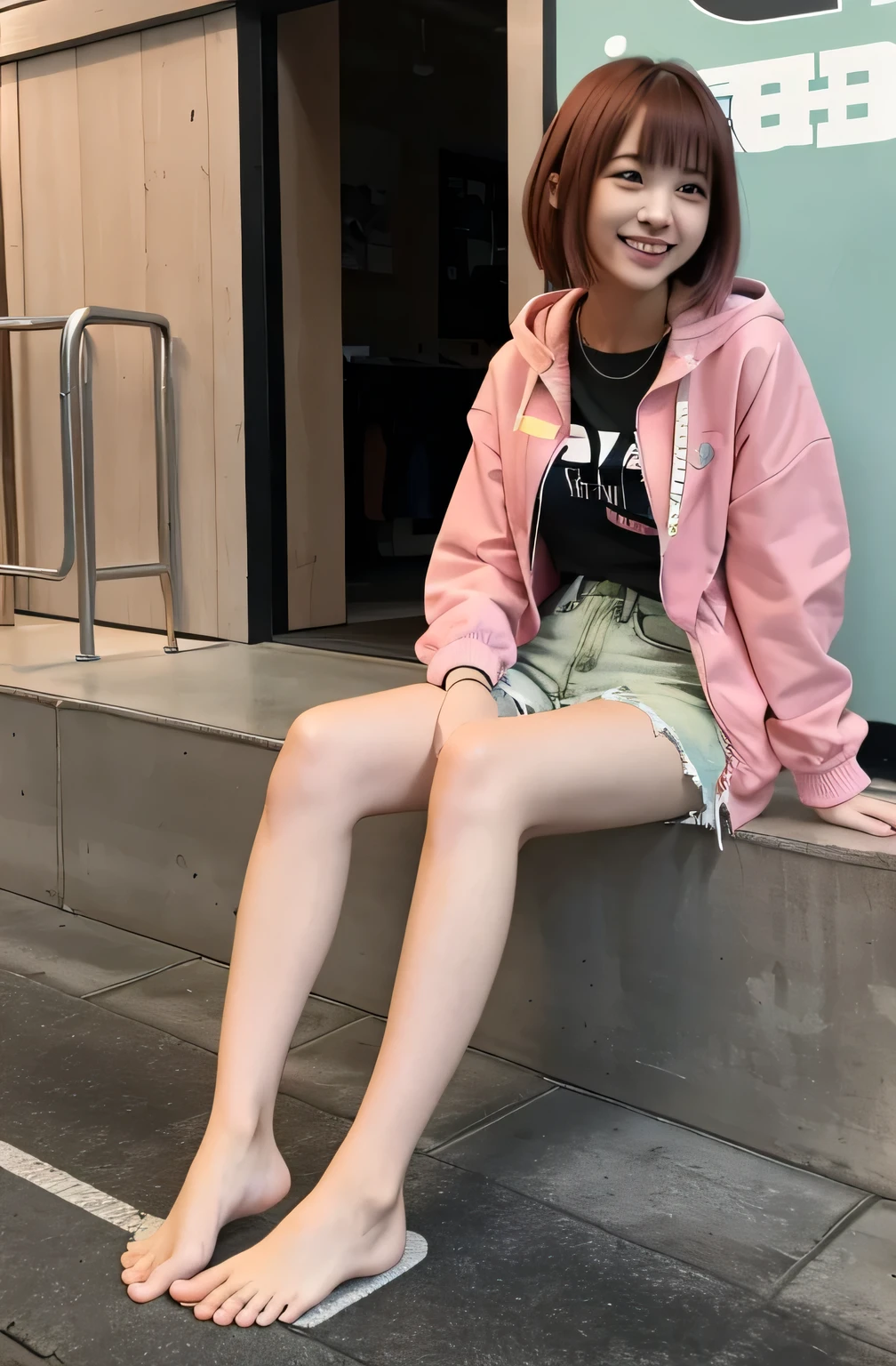 Chiaki Nanami in casual clothes at the shopping mall, Pink Short Hair, Pink Eyes, fringe, Teal hooded jacket, smile、Looking into the camera, 20-year-old girl, , Olive green blouse, Skinny jeans、sneakers、socks、,chiaki nanami, Nanami Chiaki