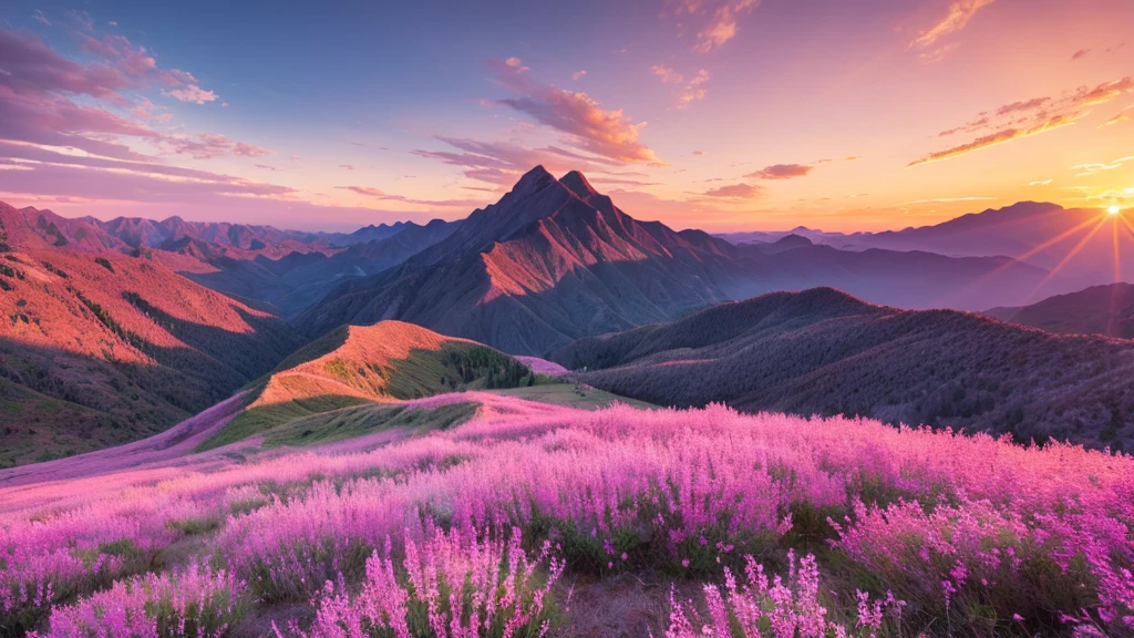 masterpiece,best quality,ultra detailed Breathtaking sunrise mountain pink