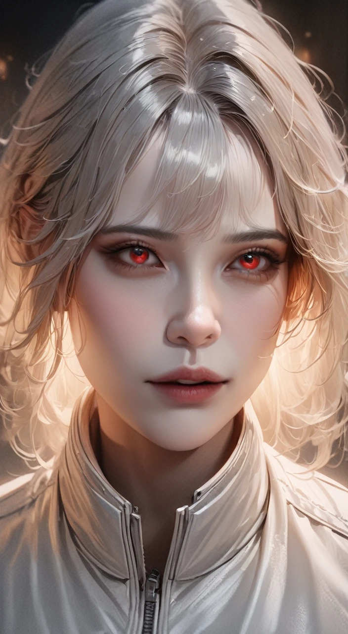 a highly detailed portrait of a beautiful woman with gray hair and red eyes, wearing a white bodysuit against a gray marble background, the scene set at night under a full moon, creating a striking black and white world with pale skin and messy hair, (best quality,4k,8k,highres,masterpiece:1.2),ultra-detailed,(realistic,photorealistic,photo-realistic:1.37),detailed face, extremely detailed eyes and face, beautiful detailed eyes, beautiful detailed lips, longeyelashes, cinematic lighting, dark and moody atmosphere, dramatic lighting, cinematic composition