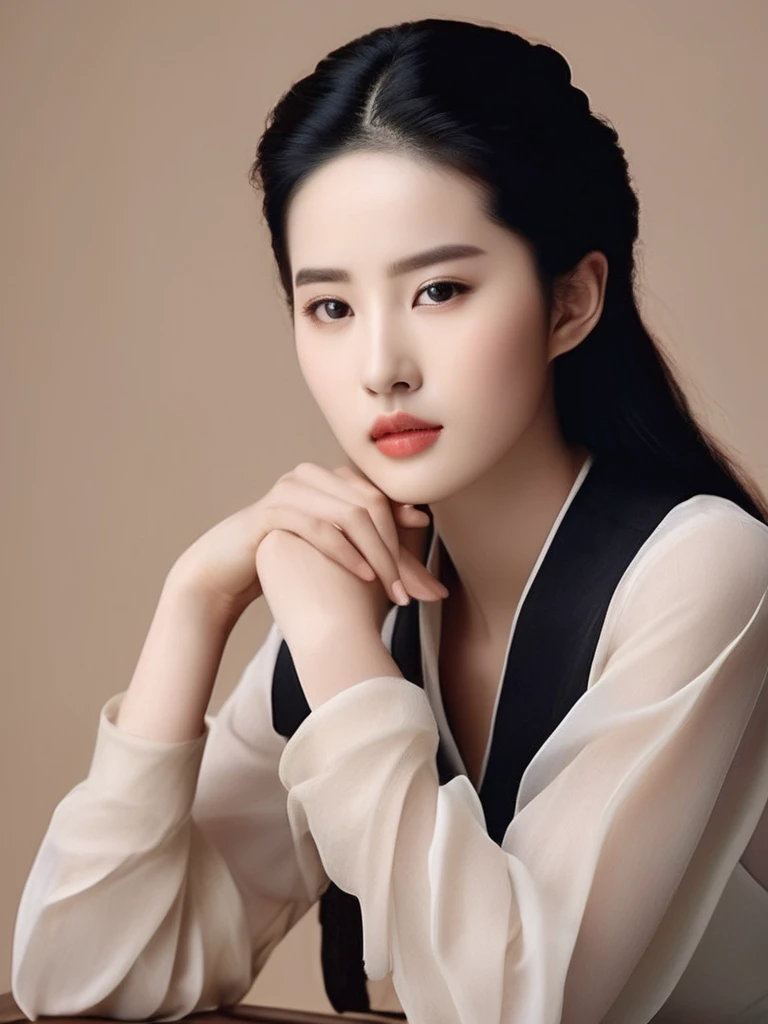 liuyifei office uniform skirt, cowboy shot, clean skin, natural makeup, subtle lipstick, tranquil expression, Framing the face with your hands, delicate pose, studio lighting, High-resolution images, fashion accessories, skincare advertising aesthetics, Young appearance, Wow, Simplicity of configuration, portrait orientation., Realism