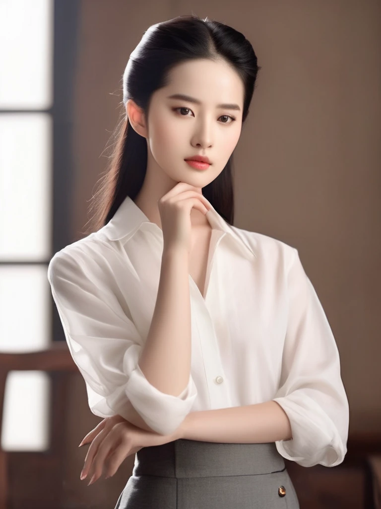 liuyifei office uniform skirt, cowboy shot, clean skin, natural makeup, subtle lipstick, tranquil expression, Framing the face with your hands, delicate pose, studio lighting, High-resolution images, fashion accessories, skincare advertising aesthetics, Young appearance, Wow, Simplicity of configuration, portrait orientation., Realism