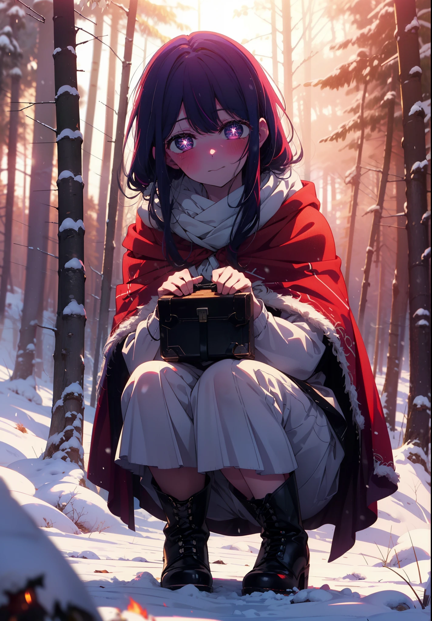 aihoshino, Ai Hoshino, Long Hair, bangs, (Purple eyes:1.1), Purple Hair, (Symbol-shaped pupil:1.5), smile,,smile,blush,white breath,
Open your mouth,snow,Ground bonfire, Outdoor, boots, snowing, From the side, wood, suitcase, Cape, Blurred, , forest, White handbag, nature, Squat, Mouth closed, Cape, winter, Written boundary depth, Black shoes, red Cape break looking at viewer, Upper Body, whole body, break Outdoor, forest, nature, break (masterpiece:1.2), Highest quality, High resolution, unity 8k wallpaper, (shape:0.8), (Beautiful and beautiful eyes:1.6), Highly detailed face, Perfect lighting, Extremely detailed CG, (Perfect hands, Perfect Anatomy),