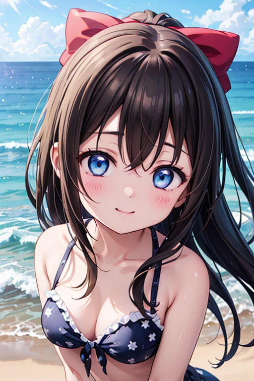 (Highest quality、Masterpiece ∶1.2)One Girl、alone、anime、animeScreencap、Ray Tracing、Global Illumination、ultra hi resolution picture、Bright colors、Cinematic Light、Lens flare、Light on the face、Glowing Eyes、Depth of written boundary、Detailed Background、cute、Straight、smile、View your viewers、Outdoor、Sandy Beach、Ocean、Clear skies、Osaka Sizuku、Long Hair、Red hair ribbon、Blue eyes、Black Hair、Straight hair、Nijigasaki University、Light blue bikini、Blow a kiss with your right hand、whole body、Big Breasts、whole body
