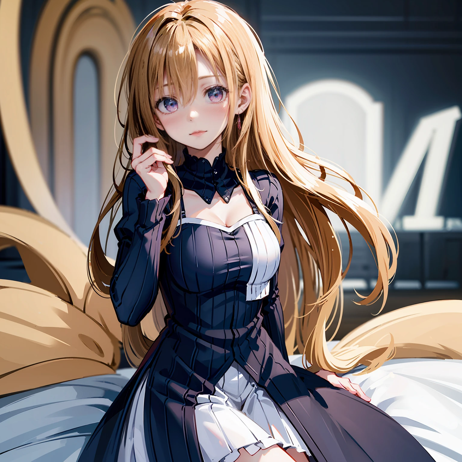 masterpiece, best quality, an extremely delicate and beautiful, ultra high res, 8k, 2.5d, white girl, cute, kawaii, ultra detailed dress, blond hair, shiny skin, idol, Expressionless, simple background, dark blue background, manga, Uplifting, cinematic, dramatic, best light, glowing, perfect composition