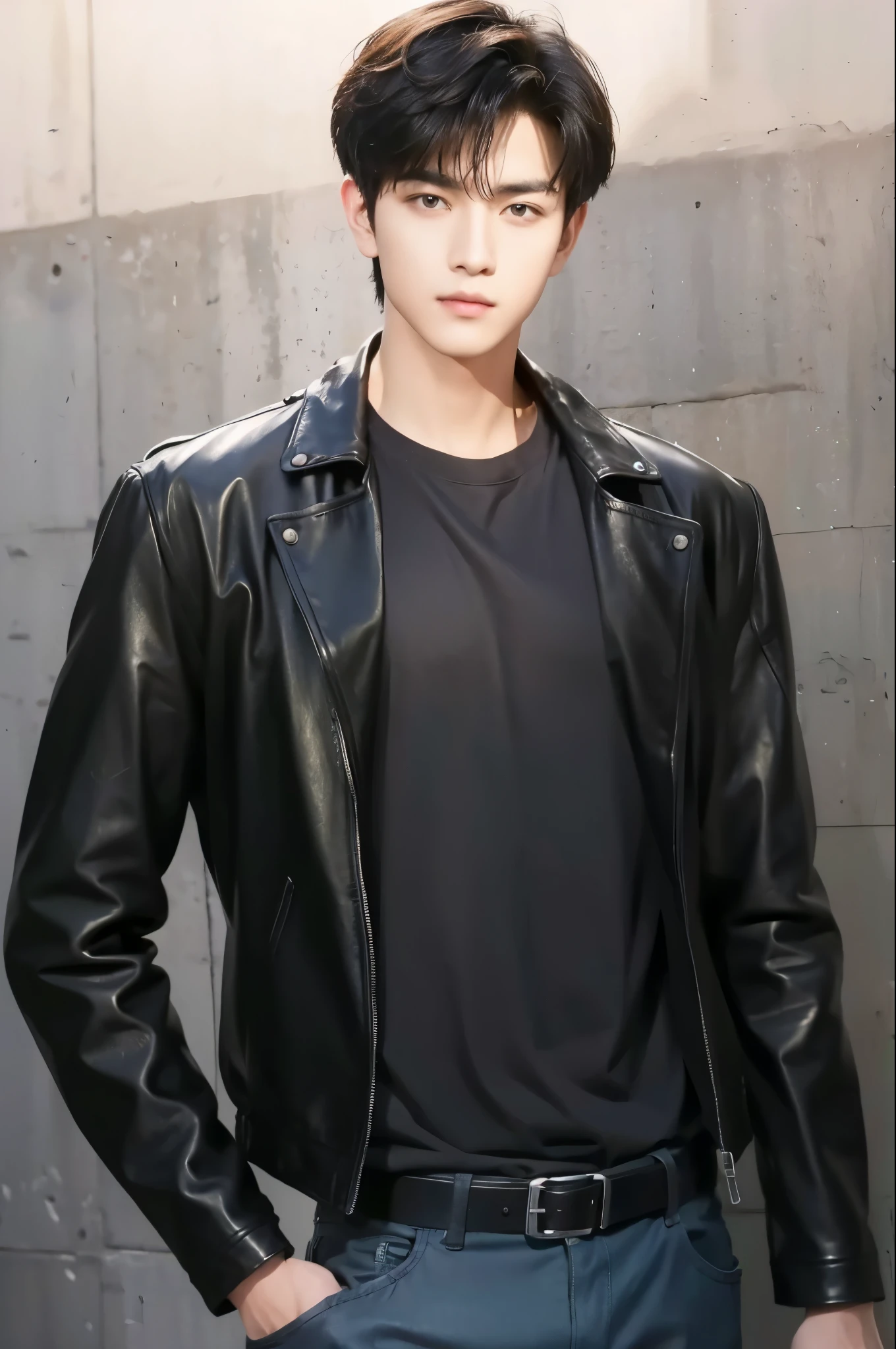 at office，wearing black leather jacket，two block haircut, Attractive man，Live-action photo，Handsome and sunny，（SLR effect，Reality，8K，Hyper-detailing，Absolute realism）