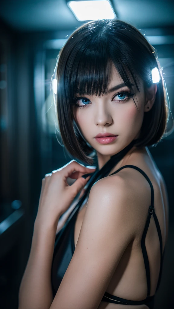a girl with black short hair,wearing string bikini,walking in mirror dimension,magical mirror world,time travel,parallel world,imagination,(best quality,4k,8k,highres,masterpiece:1.2),ultra-detailed,(realistic,photorealistic,photo-realistic:1.37),HDR,vivid colors,studio lighting,professional,detailed eyes,detailed lips,extremely detailed face,longeyelashes,beautiful girl,dramatic lighting,surreal,cinematic