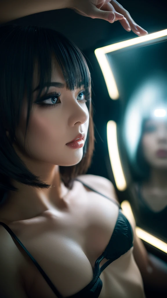 a girl with black short hair,wearing string bikini,walking in mirror dimension,magical mirror world,time travel,parallel world,imagination,(best quality,4k,8k,highres,masterpiece:1.2),ultra-detailed,(realistic,photorealistic,photo-realistic:1.37),HDR,vivid colors,studio lighting,professional,detailed eyes,detailed lips,extremely detailed face,longeyelashes,beautiful girl,dramatic lighting,surreal,cinematic