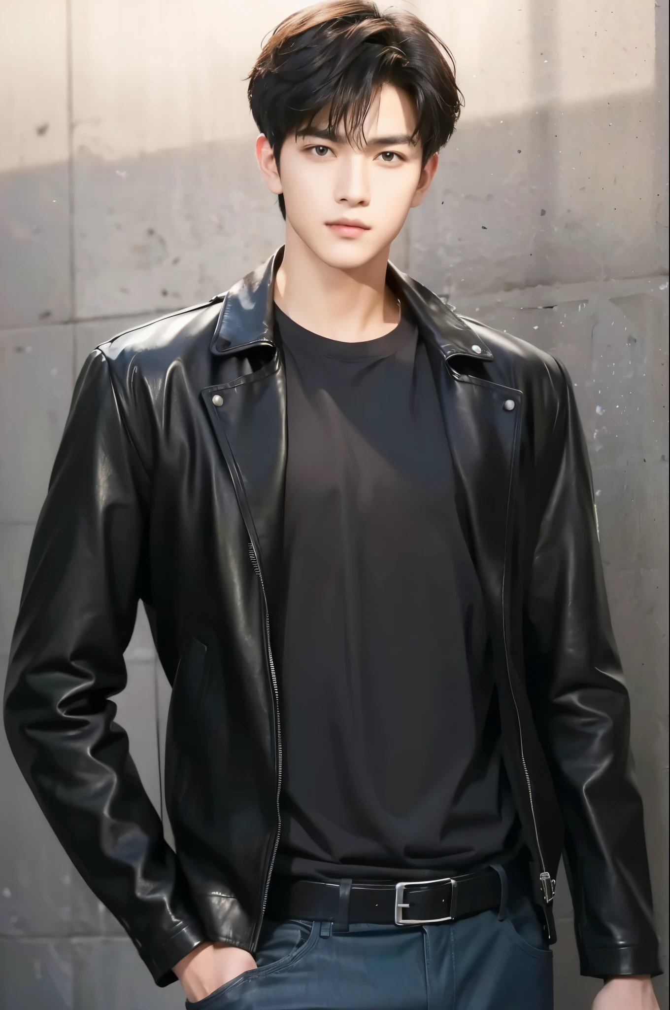 at office,wearing black leather jacket,two block haircut, Attractive man,Live-action photo,Handsome and sunny,(SLR effect,Reality,8K,Hyper-detailing,Absolute realism)