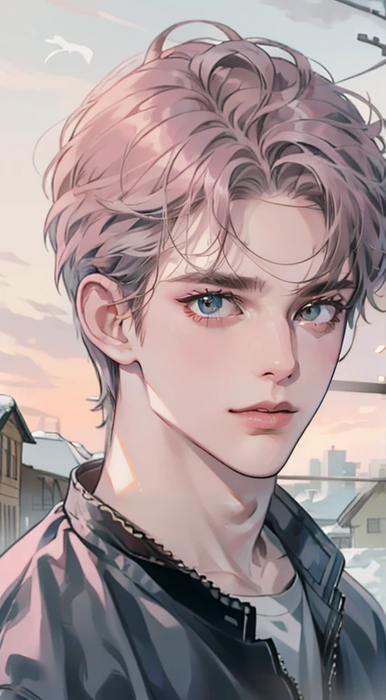 masterpiece, best quality, realistic, 1man, mature male, quiet and charming  man, 35 years old, close his eyes, serious, closed mouth, extremely detailed face, cold, ((dark grey blue eyes)), ((short-right-swept dark gray pink hair)), [thick eyebrows], ((hunter)), accurate, detailed, ((town))