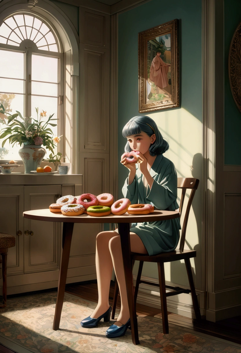 (Eating Donuts), 1990s anime, retro fashion, muted pastel colors, cozy atmosphere, detailed facial features, full body, award-winning, cinematic still, emotional, vignette, dynamic, vivid, (masterpiece, best quality, photorealistic, Professional, perfect composition, very aesthetic, absurdres, ultra-detailed, intricate details:1.3)