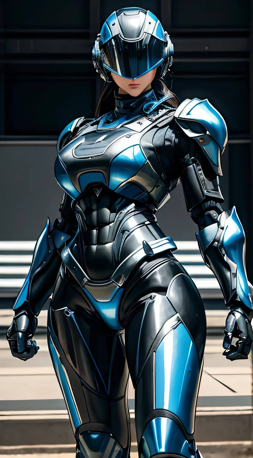 Female Robocop Solo、Bright outdoors、strong light source、8k, high quality, masterpiece, 最high quality, Crisp contrast、Very detailed、Full body armor、Very large armor、Helmet covering the head、Clear photos、The eyes are hidden by thin, translucent straight goggles.:1.3、The lower half of the face is raw々Shii:1.5、The lower half of the face is exposed、Seductive lips、Light blue and black metallic armor、Black accent color、Armor that completely covers the chest、Long, slender legs、Vibrant Posselo Body View,Big and ample breasts:1.5, (Sports Body:1.5)、Five Fingers、Hold a handgun、In the city
