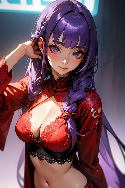 1 girl, Blunt bangs, Braiding, Wide sleeves, hair ornaments,Obi says, (Purple Hair:1.2), Very long hair, Straight hair, Looking at the audience, Highly detailed background, (Realistic:1.2), Beautiful Eyes, Red eyeshadow, thigh, (Urzan-6500:0.7), Upper Body, (alone:1.2), (Cyberpunk City:1.1), Cleavage,,Glowing Skin、(Navel exposed).((Face close-up))、((smile))、(Red lace outfit).