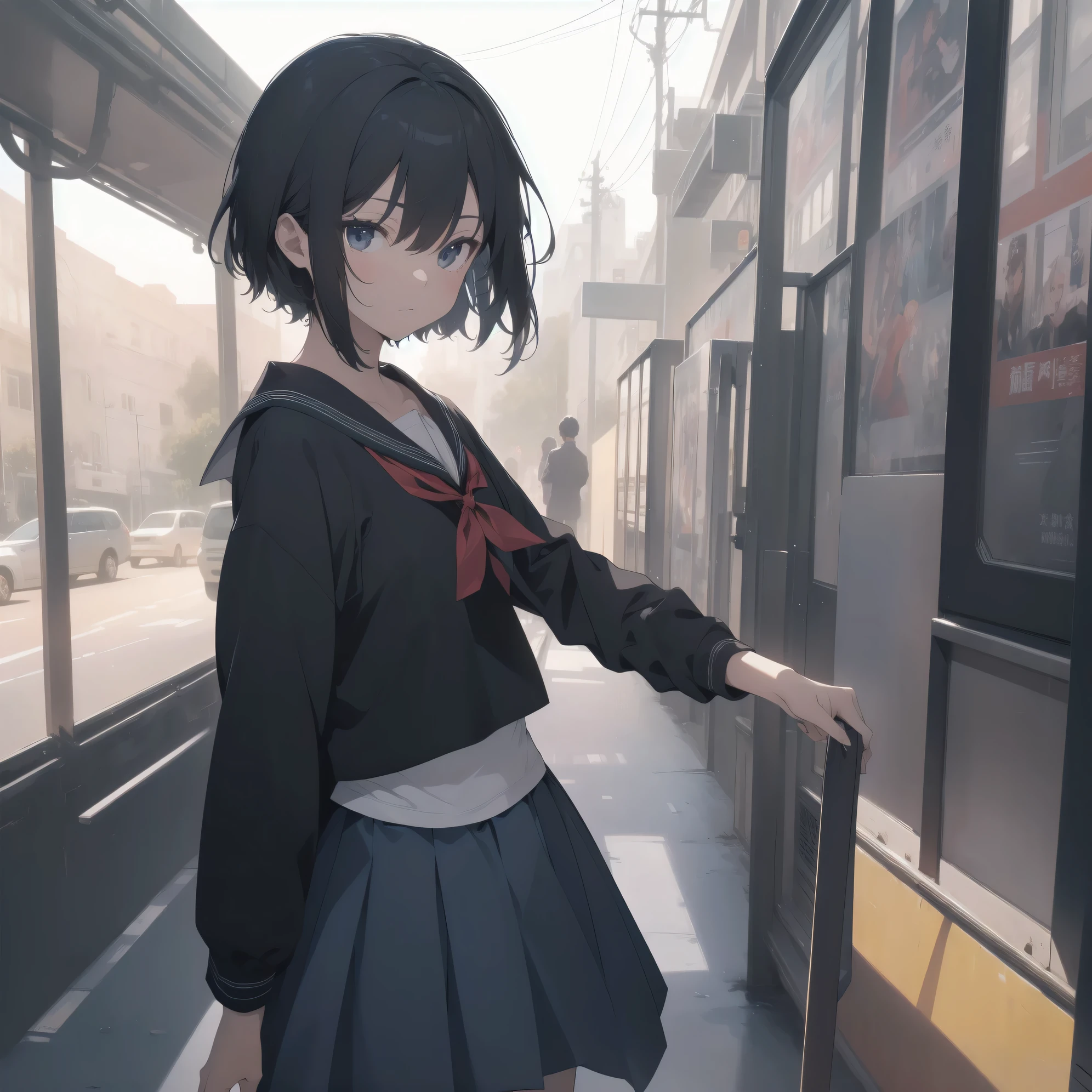 ultra-absurdres-Top quality by artist God, ultra-detailed, high resolution, anime moe artstyle, best anime 8k konachan wallpaper, pixiv contest winner, pool:2810, perfect anatomy,break, 1girl, (Please draw a girl walking sleepily to school alone. )break,(Solo,little female, 13-year-old:1.3),Full limbs, complete fingers,a junior high school student, (very short hair), short cut, flat chest, , small butt, small black eyes, beautiful detailed eyes, well-proportioned iris and pupils, expressive eyes, highres detailed hair, soft expression, salor school_uniform, sailor collar, serahuku, bow, pleated skirt,(Detailed Lighting), (Detailed background), in the School commute route. break,super detailed skin, Best cinematic lighting powered by famous artist, 8k,beauty illustration,photoshop_(medium),very aesthetic,break,((artist:horosuke )), artist:clamp ,artist:carnelian ,artist:kantoku ,