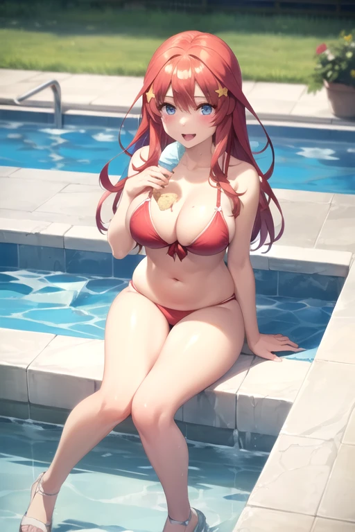 ((hdr, highest resolution, best quality, beautiful, raw image)),1girl, , red hair, star hair ornament , (blushing:1.1), smiling, blue eyes, full body, slender, (large breasts), thighs, red bikini wear,  outdoor pool side,, (((have ice cream))), (((open mouth))),((put one's hand over one's mouth )),
