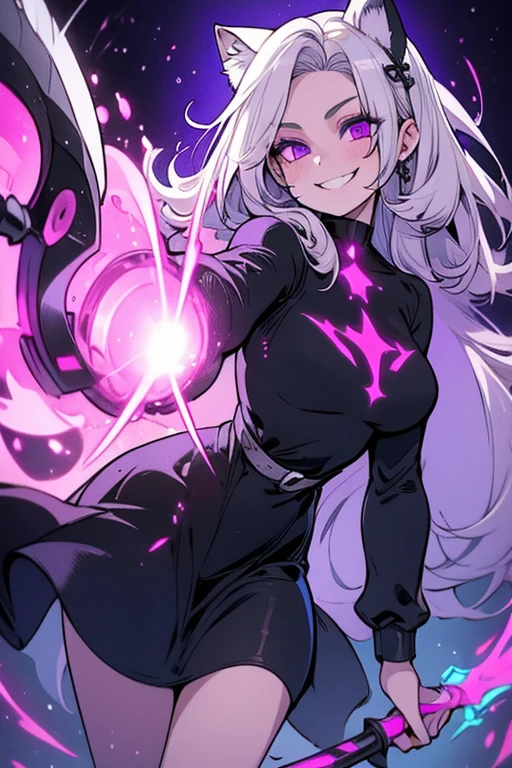 Perfect face. Perfect hands. A young silver haired woman with violet eyes and silver cat ears and a silver cat tail in a Gothic sweatshirt dress is spinning her scythe with a big smile in a cemetery