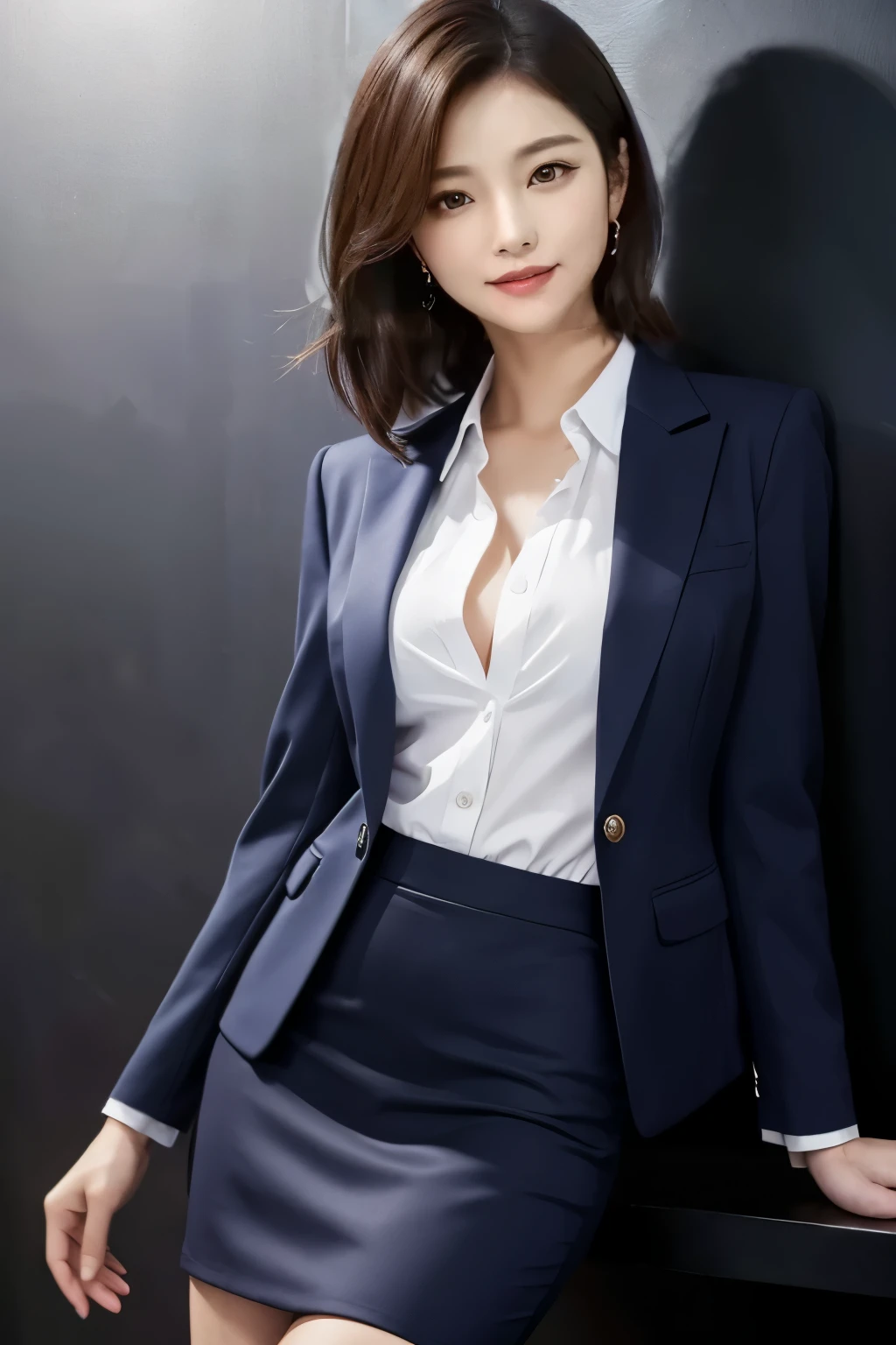 masterpiece、Highest quality、High resolution、Realistic、Beautiful Skin、Slim style、short hair、Normal chest、Full Body Shot、formal, Dark navy、business suit、Tight Skirt、 (Detailed clothing features)