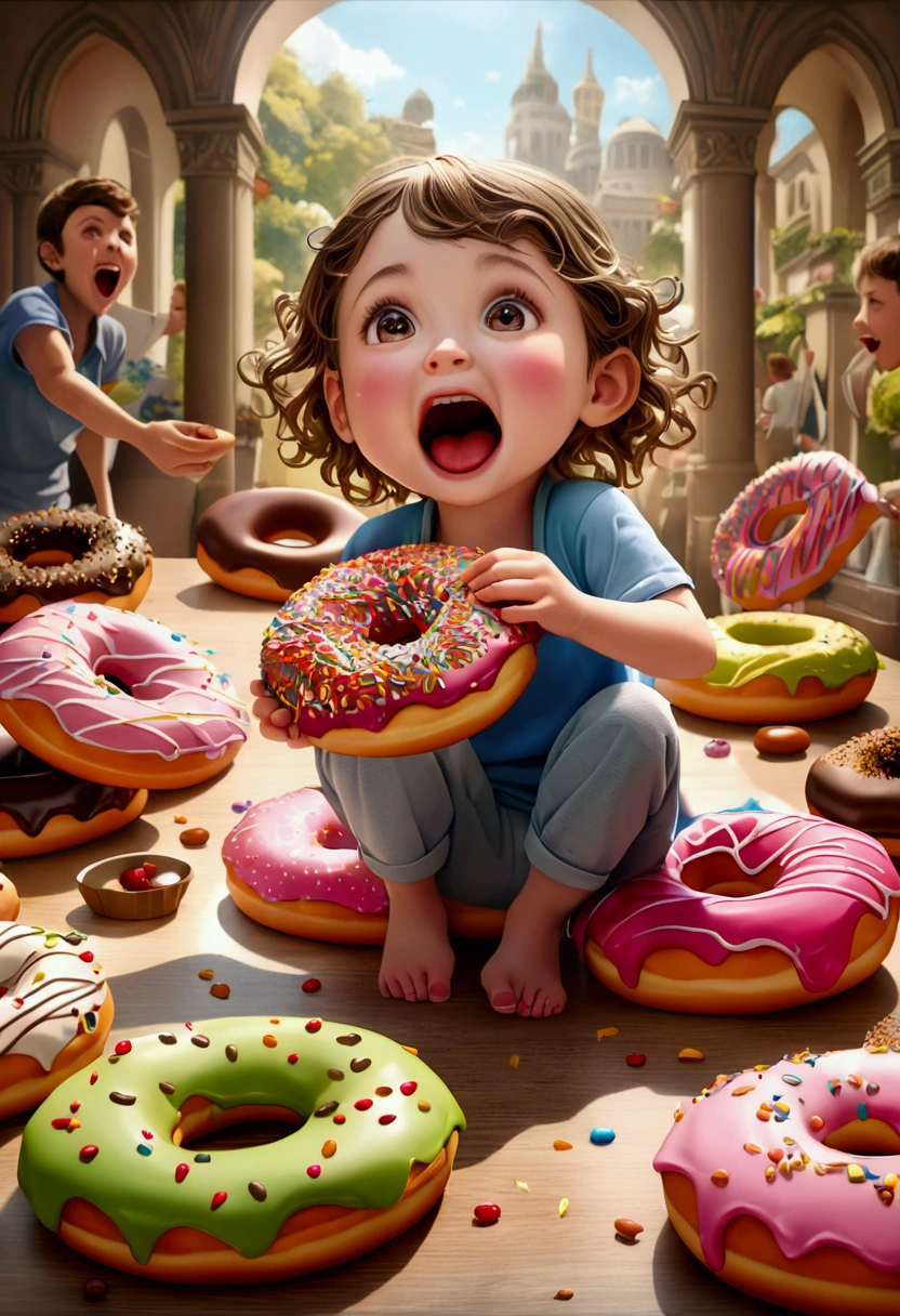 (Eating Donuts), in the style of playful cartoon illustration, realistic, hyper-detailed rendering, interactive media, joyful chaos, full body, award-winning, cinematic still, emotional, vignette, dynamic, vivid, (masterpiece, best quality, photorealistic, Professional, perfect composition, very aesthetic, absurdres, ultra-detailed, intricate details:1.3)