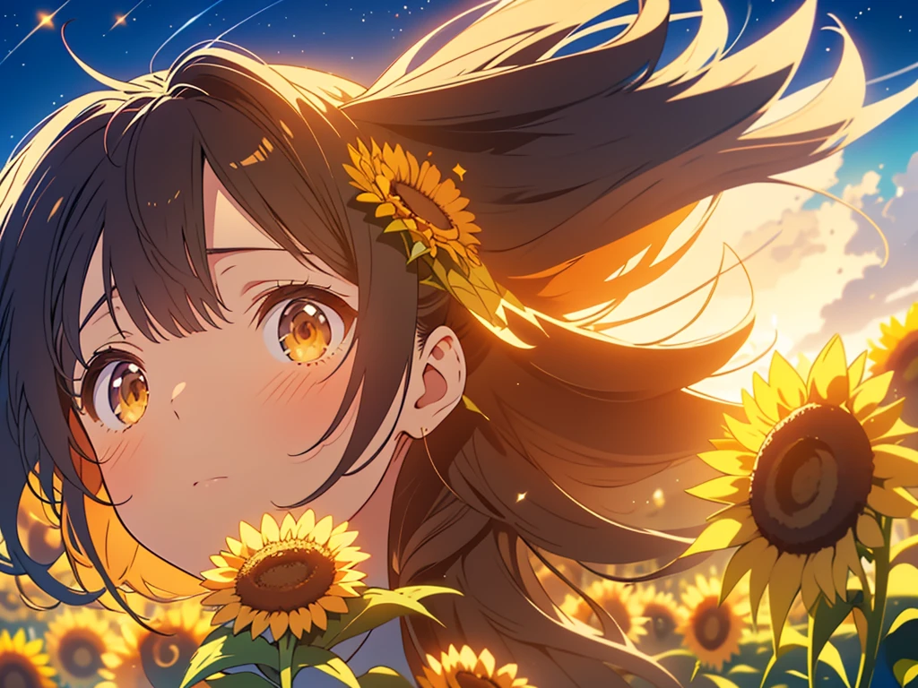 kawaii, anime, Cute, hyper quality, highly detailed, 8k, Clarity, Draw facial expressions in detail, dark brown long hair girl, sunflower, sunflower field, Close ~ eyes, Astronomical observation, look up at the sky, Sunflowers shining in the moonlight, Star of the sky, shooting star, Comet, milky way, light dances, A small shining butterfly dances, perspective looking up, Inciting point of view, turn over, profile,