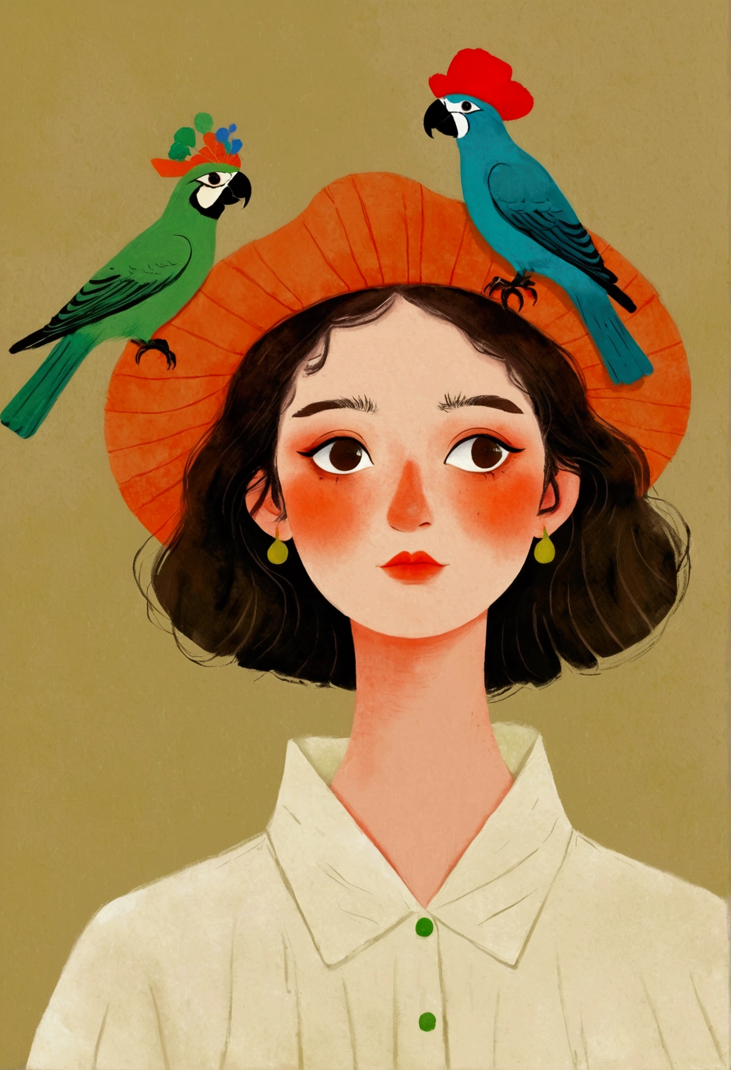 there is a drawing of a woman with a bird on her head, a digital painting inspired by Will Barnet, tumblr, digital art, there are birds on her head, parrot on head, procreate illustration, solo portrait 🎨🖌️, bird poo on head, illustration!, digital illustration, character with a hat, digital drawing, digital art illustration, pet bird