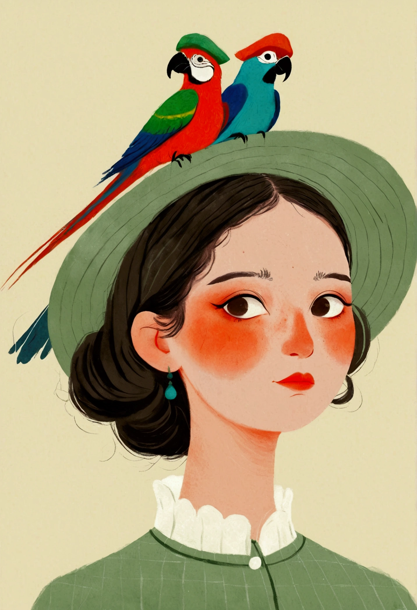 there is a drawing of a woman with a bird on her head, a digital painting inspired by Will Barnet, tumblr, digital art, there are birds on her head, parrot on head, procreate illustration, solo portrait 🎨🖌️, bird poo on head, illustration!, digital illustration, character with a hat, digital drawing, digital art illustration, pet bird