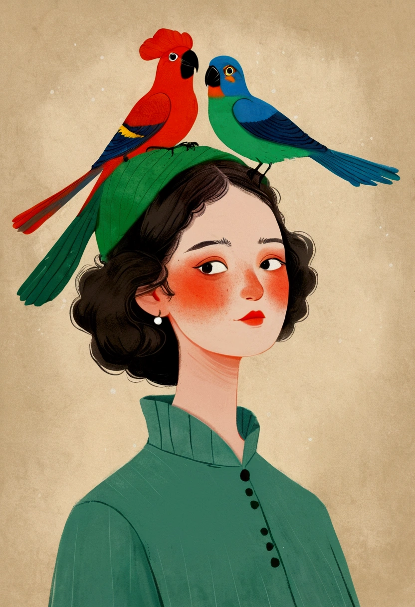 there is a drawing of a woman with a bird on her head, a digital painting inspired by Will Barnet, tumblr, digital art, there are birds on her head, parrot on head, procreate illustration, solo portrait 🎨🖌️, bird poo on head, illustration!, digital illustration, character with a hat, digital drawing, digital art illustration, pet bird