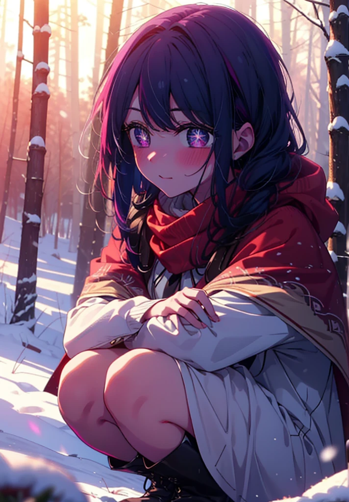 aihoshino, Ai Hoshino, Long Hair, bangs, (Purple eyes:1.1), Purple Hair, (Symbol-shaped pupil:1.5), smile,,smile,blush,white breath,
Open your mouth,snow,Ground bonfire, Outdoor, boots, snowing, From the side, wood, suitcase, Cape, Blurred, , forest, White handbag, nature,  Squat, Mouth closed, Cape, winter, Written boundary depth, Black shoes, red Cape break looking at viewer, Upper Body, whole body, break Outdoor, forest, nature, break (masterpiece:1.2), Highest quality, High resolution, unity 8k wallpaper, (shape:0.8), (Beautiful and beautiful eyes:1.6), Highly detailed face, Perfect lighting, Extremely detailed CG, (Perfect hands, Perfect Anatomy),