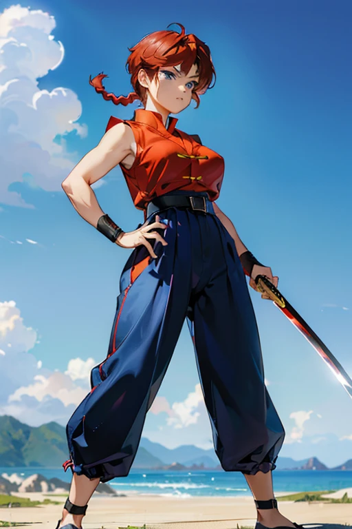{{magazine cover style:1.5}}, (magzine cover:1.6(), (japanese anime), sailor moon, 8k, ultra detailed, ultra high res, best quality, masterpiece. ((masterpiece)), high quality, very_high_resolution, large_filesize, full color, heavy outline, clear outline, colorful, (beautiful detailed eyes), (beautiful face:1.3), (boyish face), 1 girl, (femaleranma), (red hair), short hair, (braided ponytail), ((bangs)), bumpy bangs, blue-gray eyes, big breasts, curvy, black-wristbands, femaleranma, braided ponytail, chinese clothes, sleeveless, tangzhuang, black pants, cameltoe, standing, upper body, front view, (8k, RAW photo, best quality, masterpiece:1.2), RanmaChan, RanmaRedShirt, blue pants (masterpiece, best quality:1.2), 1 girl, Solitary (8k, Foto RAW, La mejor calidad, Obra maestra:1.2), Ranma Chan, Ranma Red Shirt, red hair, braided belt, blue pants, martial art Teenage girl , hair up like a rooster, Wearing black clothes, fighting stance, full body, Black hair arafed woman in a skirt holding a sword and a cell phone, long black hair, anime girl cosplay, anime cosplay, dramatic wielding katana pose, she is holding a katana sword, female action anime girl, unsheathing her katana, anime girl in real life, cosplay photo, wearing japanese techwear, the anime girl is crouching, katana