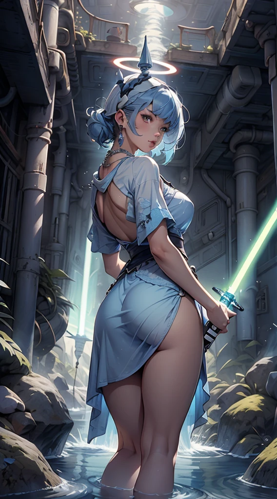 Jedi, Lightsaber, Tight tunics, legs, alien, curve, serious, Blue lightsaber, (Best quality)+, Masterpiece+Length of blue hair to the middle of the back, with a necklace and a blue dress and white, a halo of water over the head, Scales visible on the body and face, NSFW,