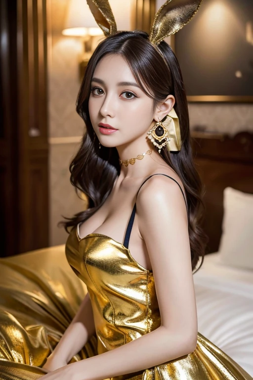 masterpiece, Highest quality, Realistic, Very detailed, Finer details, High resolution, 8k wallpaper, One beautiful woman, Wear a lovely black and gold bunny girl costume, In a great hotel, At night, Light brown messy hair, Perfect dynamic composition, Beautiful and beautiful eyes、Big earrings、Sitting on the bed