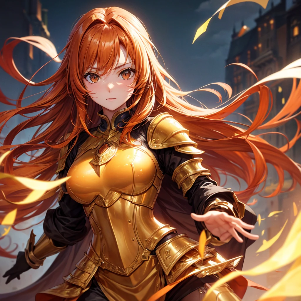 One with fair skin, brown eyes and long orange hair. wearing golden armor 
