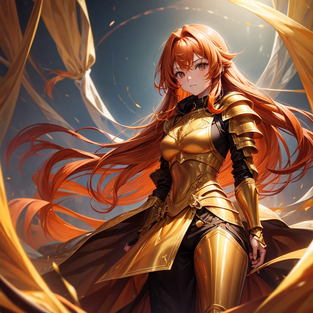 One with fair skin, brown eyes and long orange hair. wearing golden armor 