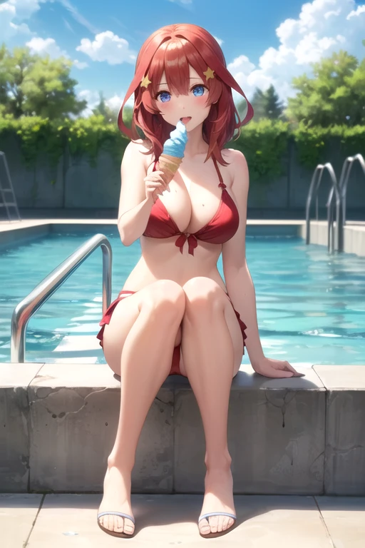 ((hdr, highest resolution, best quality, beautiful, raw image)),1girl, , red hair, star hair ornament , (blushing:1.1), smiling, blue eyes, full body, slender, (large breasts), thighs, red bikini wear,  outdoor pool side,, (((have ice cream))), (((open mouth))),((put one's hand over one's mouth )),
