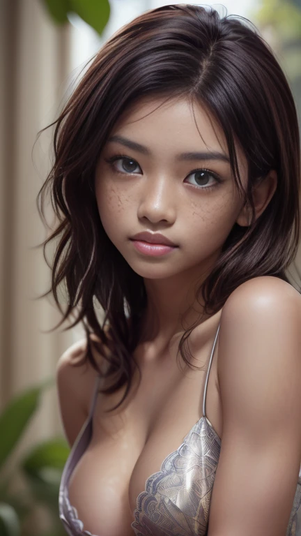 (portrait, editorial photograph of a beautiful asian girl, adorable face, freckles, long brown curly hair, hazel eyes, by lee jeffries, nikon d850, film stock photograph ,4 kodak portra 400 ,camera f1.6 lens ,rich colors ,hyper realistic ,lifelike texture, dramatic lighting, (highly detailed face:1.4), perfect eyes, realistic iris, perfect teeth, (smile:0.7), (background dark, shadow of the leaves, moody, cleavage), sun rising, early morning light, Wishing for something, masterpiece, best quality, photorealistic, Citizen of Guinea-Bissau, very cute super model, perfect anatomy, skinny