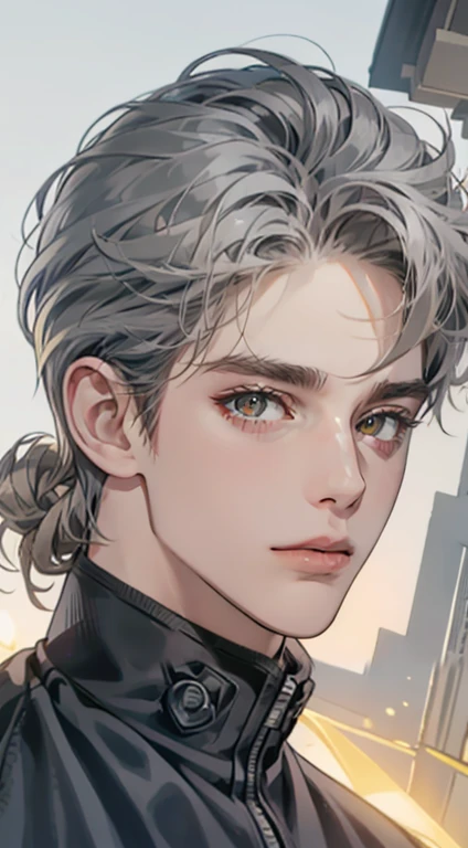 masterpiece, best quality, realistic, 1man, mature male, quiet and charming  man, 35 years old, close his eyes, serious, closed mouth, extremely detailed face, cold, ((dark grey blue eyes)), ((short-right-swept dark gray golden hair)), [thick eyebrows], ((hunter)), accurate, detailed, ((town))