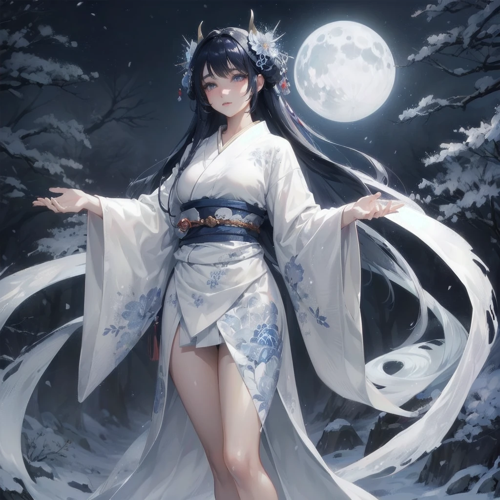 masterpiece, (textured skin), best quality, gorgeous beautiful, (a beautiful girl,yukionna,japanese snow fairy),detailed clothes,large breasts,narrow waist,, (beautiful face), cinematic lighting, (fantasy anime art ),