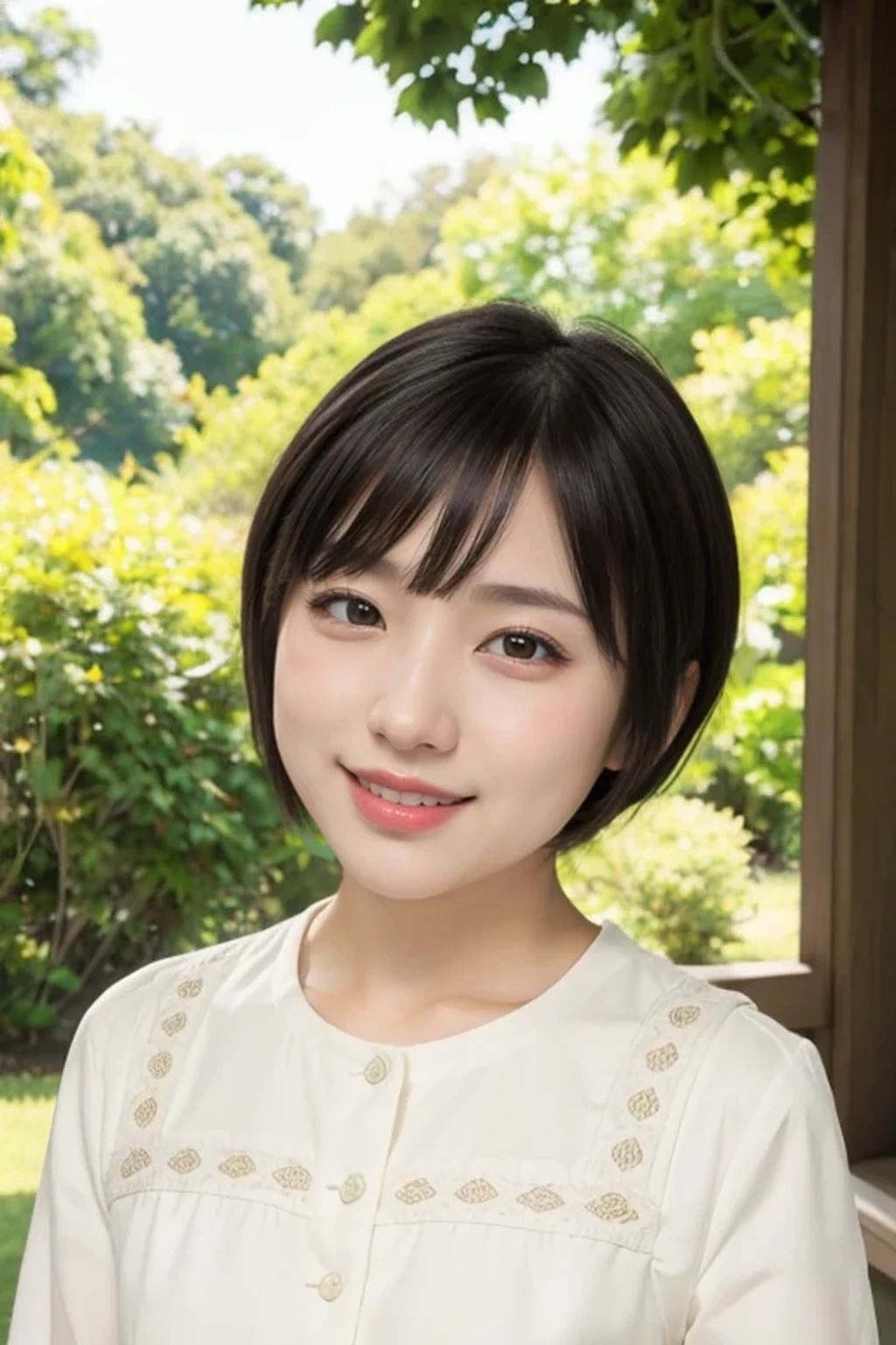 (natural lighting:1.3), 8k, RAW photo, best quality, masterpiece, realistic, photo-realistic, clear, beautiful face, no makeup, best quality, ultra high res, BREAK, Japanese cute girl, , (very short cut hair:1.2), smile, standing