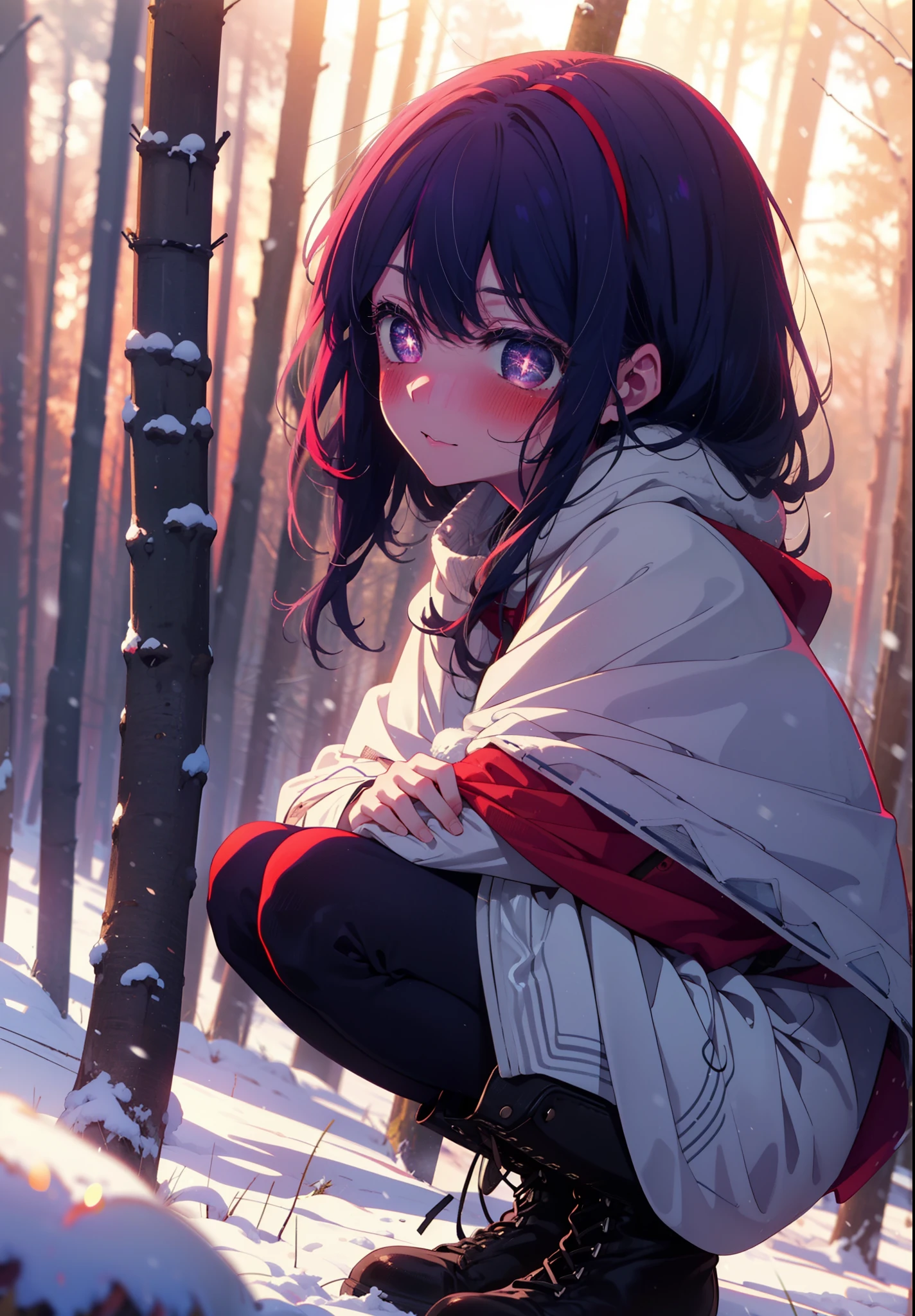 aihoshino, Ai Hoshino, Long Hair, bangs, (Purple eyes:1.1), Purple Hair, (Symbol-shaped pupil:1.5), smile,,smile,blush,white breath,
Open your mouth,snow,Ground bonfire, Outdoor, boots, snowing, From the side, wood, suitcase, Cape, Blurred, , forest, White handbag, nature, Squat, Mouth closed, Cape, winter, Written boundary depth, Black shoes, red Cape break looking at viewer, Upper Body, whole body, break Outdoor, forest, nature, break (masterpiece:1.2), Highest quality, High resolution, unity 8k wallpaper, (shape:0.8), (Beautiful and beautiful eyes:1.6), Highly detailed face, Perfect lighting, Extremely detailed CG, (Perfect hands, Perfect Anatomy),