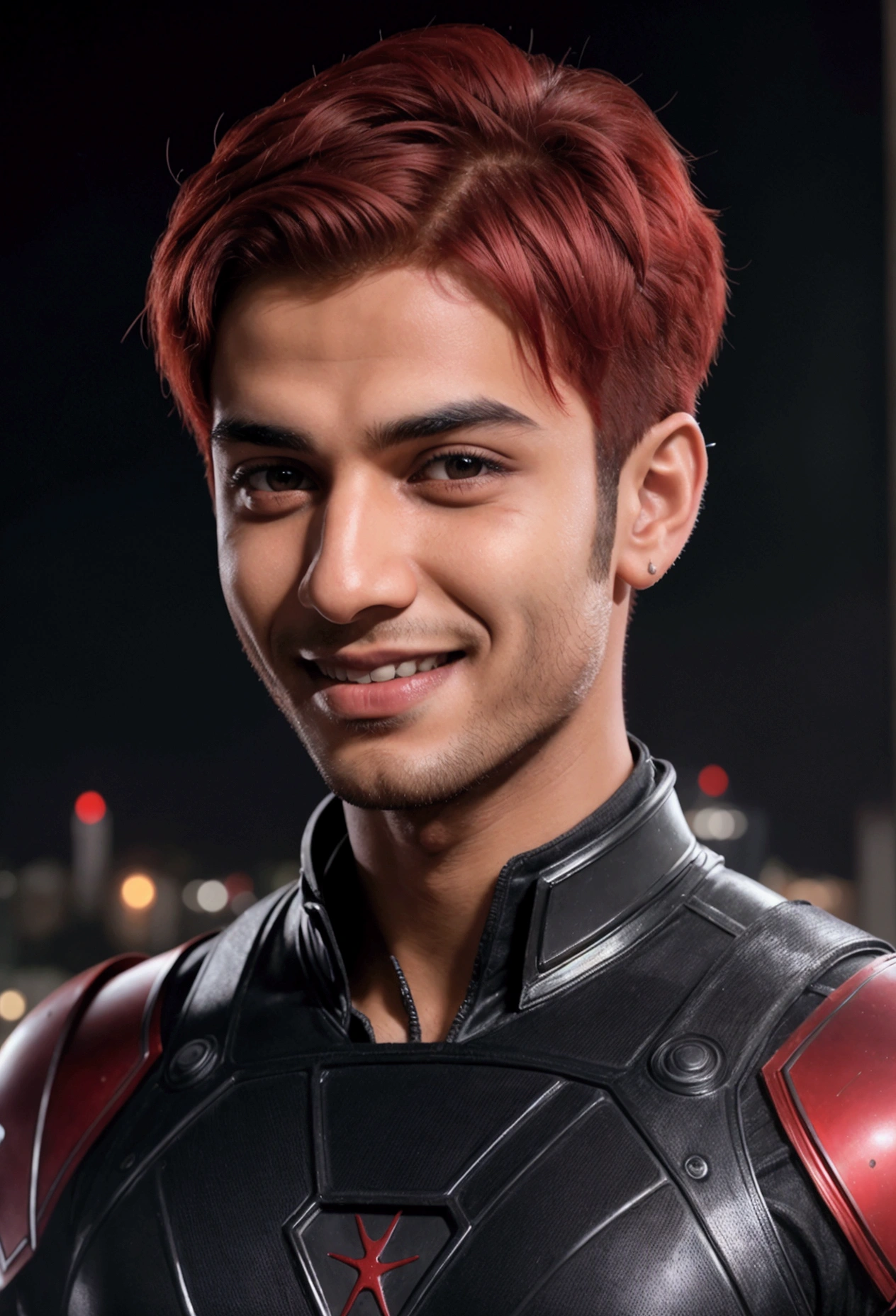 young boy, Short red hair, black eyes, iran-Man 2099 shape, Smile, cobweb, Lightning, Masterpiece, High quality 4k ultra , India.