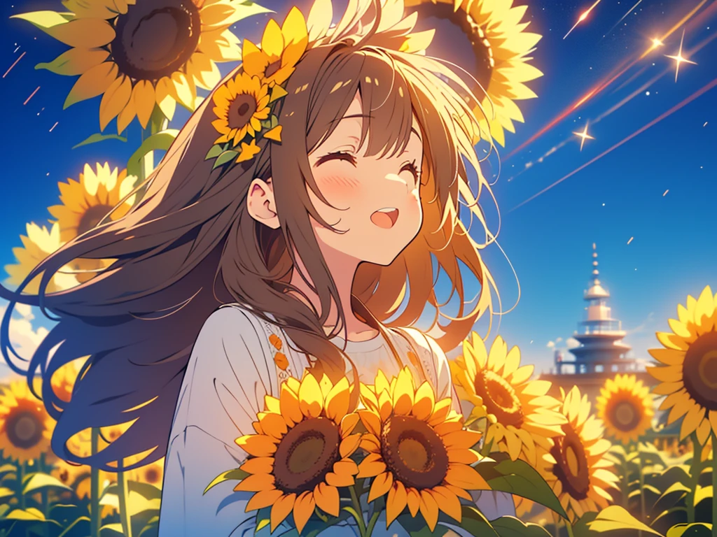 kawaii, anime, Cute, hyper quality, highly detailed, 8k, Clarity, Draw facial expressions in detail, dark brown long hair girl, sunflower, sunflower field, Close ~ eyes, Astronomical observation, look up at the sky, Sunflowers shining in the moonlight, Star of the sky, shooting star, Comet, milky way, light dances, A small shining butterfly dances, perspective looking up, Inciting point of view, turn over, profile, upper body,
