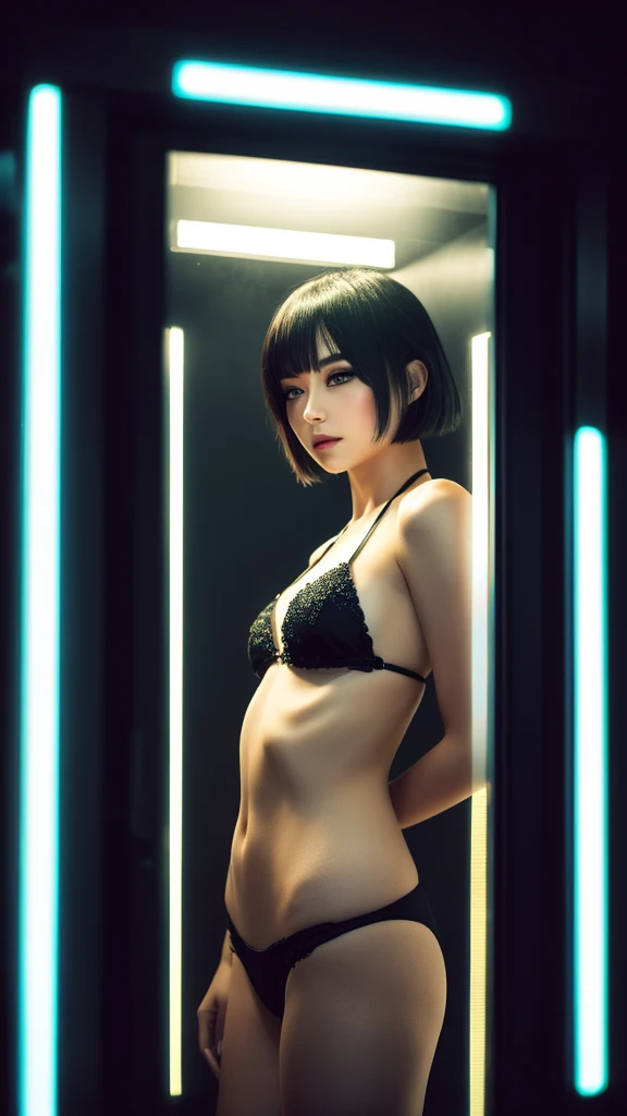 a girl with black short hair,wearing string bikini,walking in mirror dimension,magical mirror world,time travel,parallel world,imagination,(best quality,4k,8k,highres,masterpiece:1.2),ultra-detailed,(realistic,photorealistic,photo-realistic:1.37),HDR,vivid colors,studio lighting,professional,detailed eyes,detailed lips,extremely detailed face,longeyelashes,beautiful girl,dramatic lighting,surreal,cinematic,full body