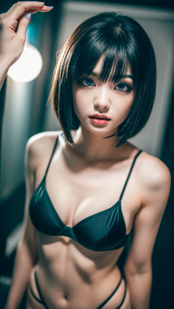 a girl with black short hair,wearing string bikini,walking in mirror dimension,magical mirror world,time travel,parallel world,imagination,(best quality,4k,8k,highres,masterpiece:1.2),ultra-detailed,(realistic,photorealistic,photo-realistic:1.37),HDR,vivid colors,studio lighting,professional,detailed eyes,detailed lips,extremely detailed face,longeyelashes,beautiful girl,dramatic lighting,surreal,cinematic,full body