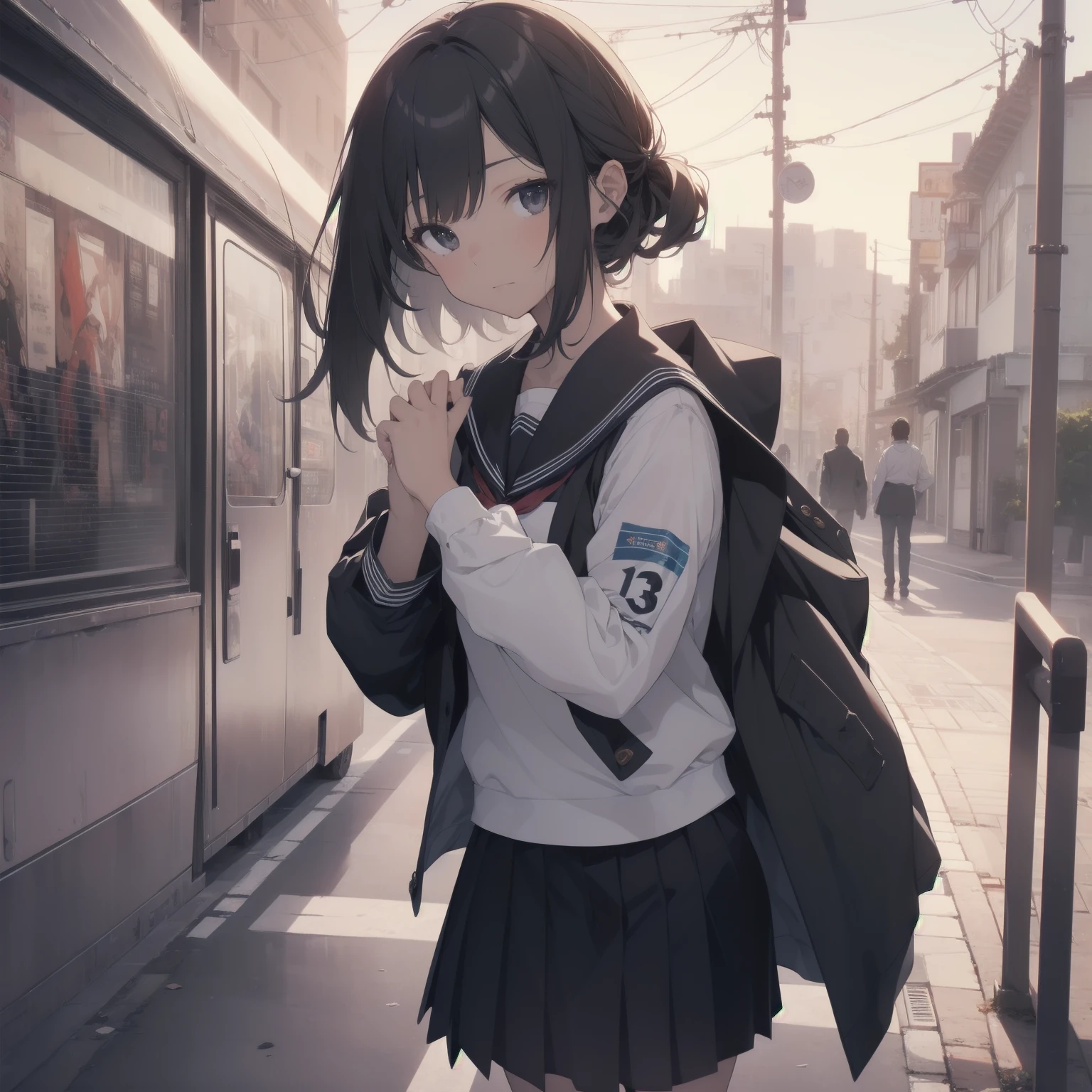ultra-absurdres-Top quality by artist God, ultra-detailed, high resolution, anime moe artstyle, best anime 8k konachan wallpaper, pixiv contest winner, pool:2810, perfect anatomy,break, 1girl, (Please draw a girl walking sleepily to school alone. )break,(Solo,little female, 13-year-old:1.3),Full limbs, complete fingers,a junior high school student, (very short hair), short cut, flat chest, , small butt, small black eyes, beautiful detailed eyes, well-proportioned iris and pupils, expressive eyes, highres detailed hair, soft expression, salor school_uniform, sailor collar, serahuku, bow, pleated skirt,(Detailed Lighting), (Detailed background), in the School commute route. break,super detailed skin, Best cinematic lighting powered by famous artist, 8k,beauty illustration,photoshop_(medium),very aesthetic,break,((artist:horosuke )), artist:clamp ,artist:carnelian ,artist:kantoku ,
