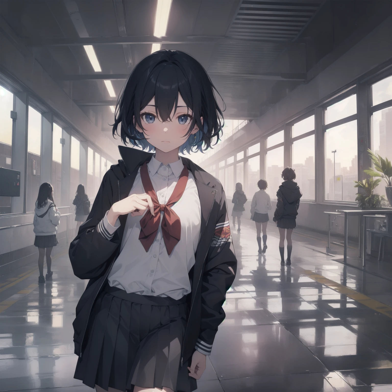 ultra-absurdres-Top quality by artist God, ultra-detailed, high resolution, anime moe artstyle, best anime 8k konachan wallpaper, pixiv contest winner, pool:2810, perfect anatomy,break, 1girl, (Please draw a girl walking sleepily to school alone. )break,(Solo,little female, 13-year-old:1.3),Full limbs, complete fingers,a junior high school student, (very short hair), short cut, flat chest, , small butt, small black eyes, beautiful detailed eyes, well-proportioned iris and pupils, expressive eyes, highres detailed hair, soft expression, salor school_uniform, sailor collar, serahuku, bow, pleated skirt,(Detailed Lighting), (Detailed background), in the School commute route. break,super detailed skin, Best cinematic lighting powered by famous artist, 8k,beauty illustration,photoshop_(medium),very aesthetic,break,((artist:horosuke )), artist:clamp ,artist:carnelian ,artist:kantoku ,