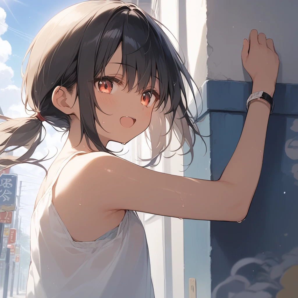 score_9, score_8_up, score_7_up, source_anime, best quality, masterpiece, official art, absurdres, highres, ultra-detailed,waifu2x,Collection: Slice of Life,break,1girl, tomboy, dark-skinned female, short hair, low ponytail, flat chest, beautiful detailed eyes, shorts, sweat, open mouth, (yawn:0.3), sleepily, outdoors, wind,break,(clear line illustration:1.2), super detailed skin,very high resolution, very aesthetic, Best sexual lighting powered by famous artist, 8k,cute picture,beauty illustration,photoshop_(medium),,(Detailed Lighting),best anime 8k konachan wallpaper, pixiv contest winner,