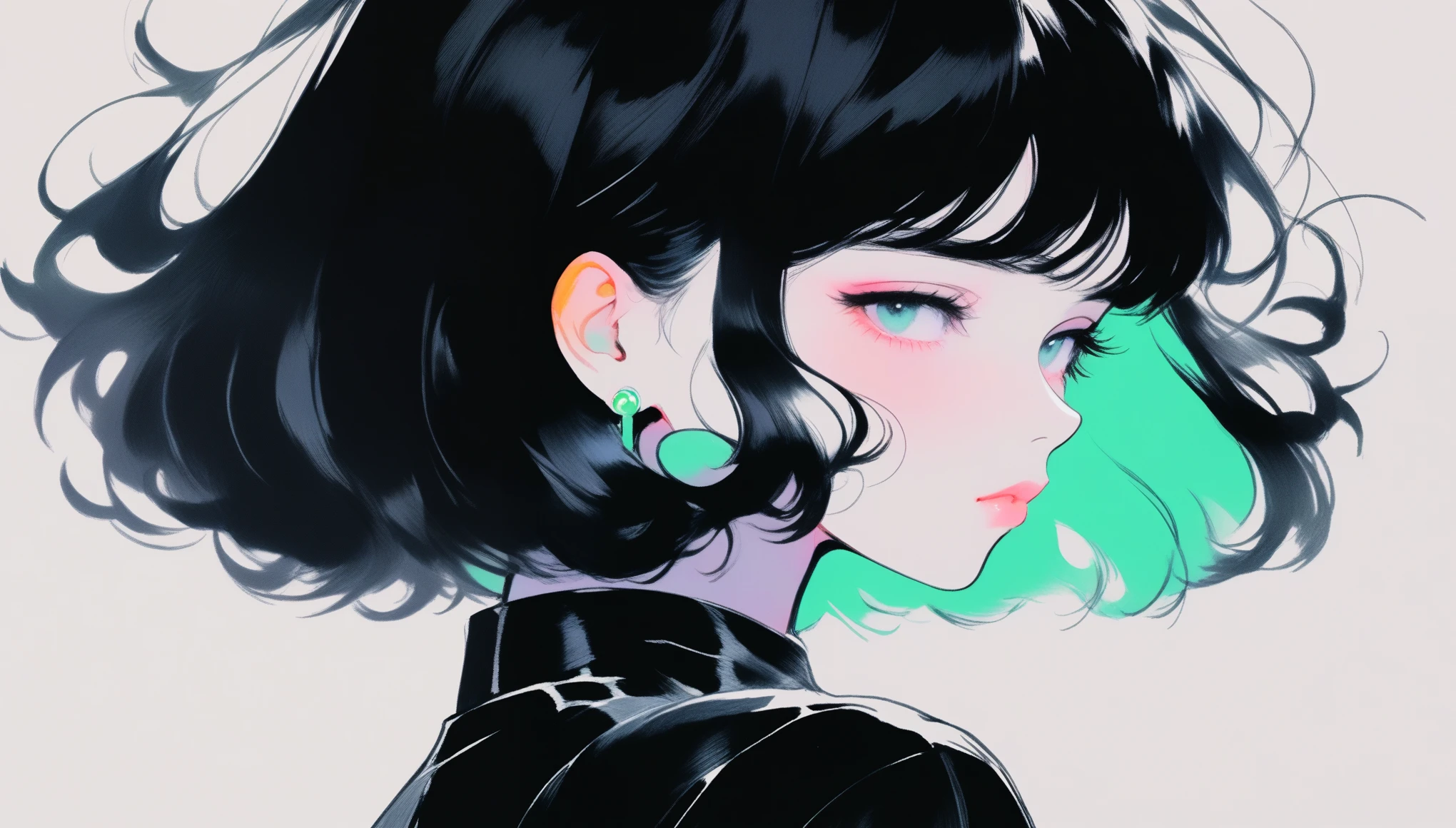 (best quality, sketch:1.2),Practical,ilustrador,Japanese cartoons,1 girl, Delicate lips, Black skirt,custom, (Background dark solid color), Black Hair,Texture cropping, masterpiece, The style is vintage, Deep Black, Art, sketch book, (Bob hair black:1.75 Neon:1.32), Bad Woman , Dark Shadows