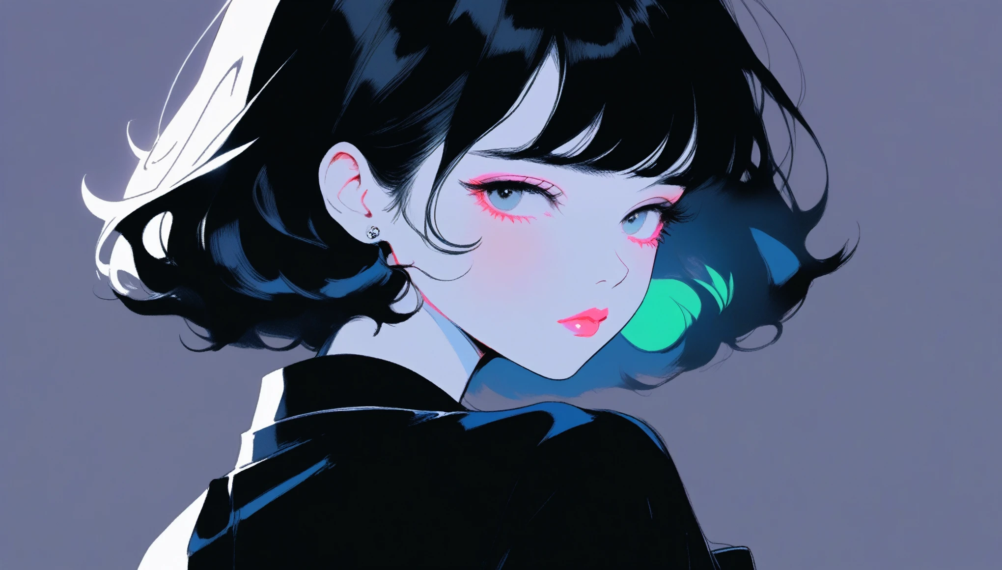 (best quality, sketch:1.2),Practical,ilustrador,Japanese cartoons,1 girl, Delicate lips, Black skirt,custom, (Background dark solid color), Black Hair,Texture cropping, masterpiece, The style is vintage, Deep Black, Art, sketch book, (Bob hair black:1.75 Neon:1.32), Bad Woman , Dark Shadows 